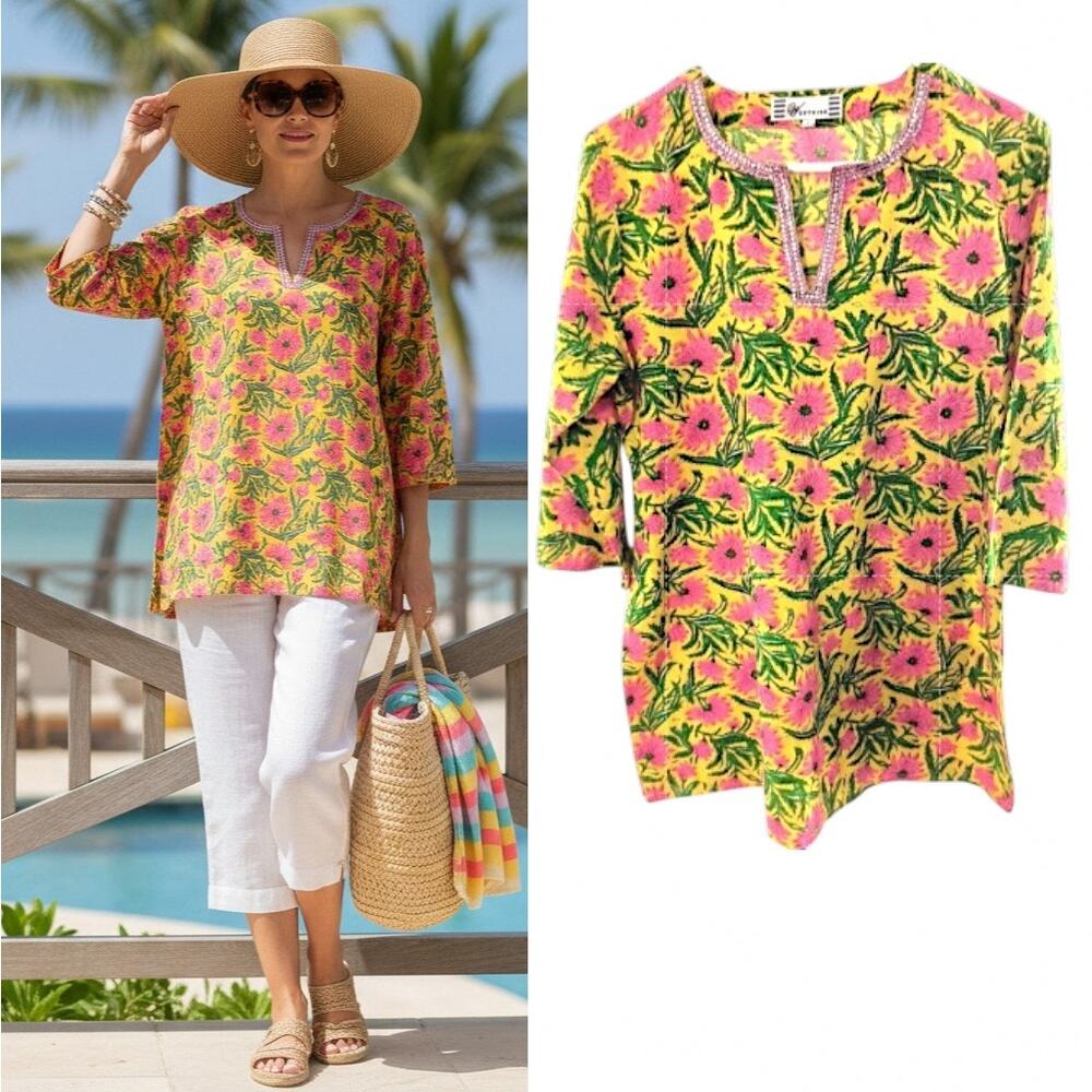 Westside Boho Yellow Floral Rhinestone Tunic Top L Coquette Cottagec 3/4 Sleeve